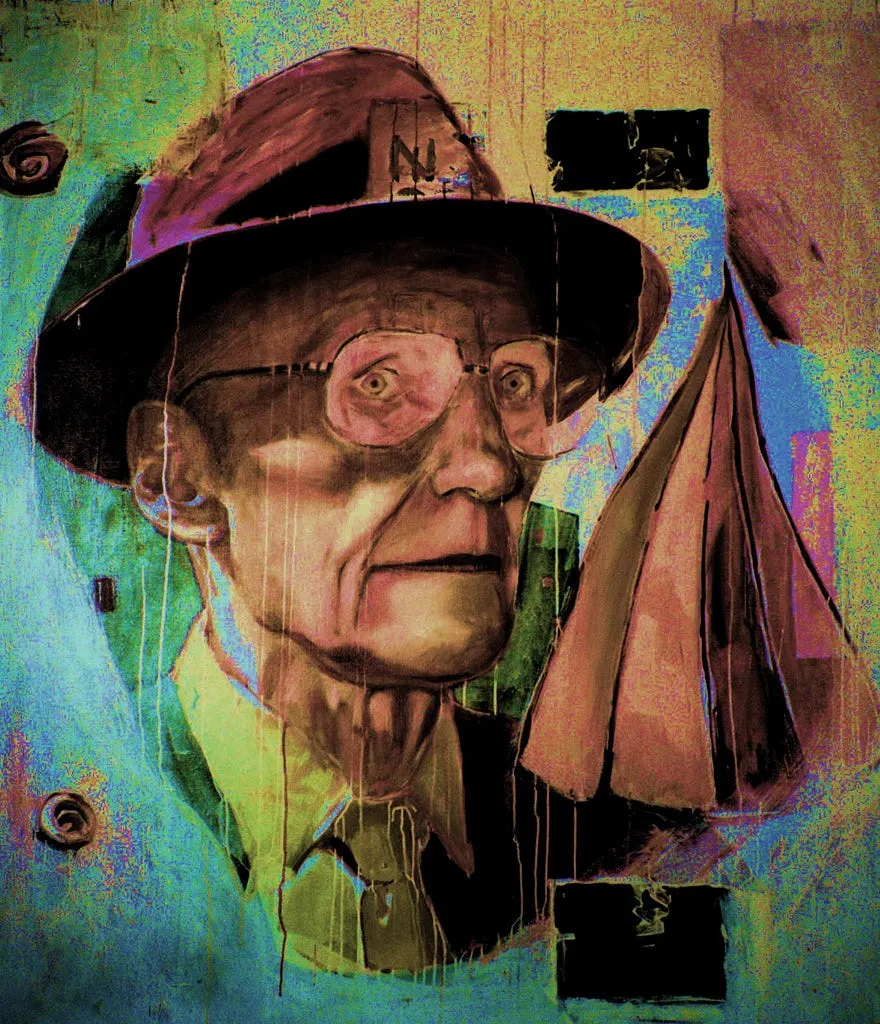 Bright coloured oil painting portrait of an older, thin man with hat and glasses.
