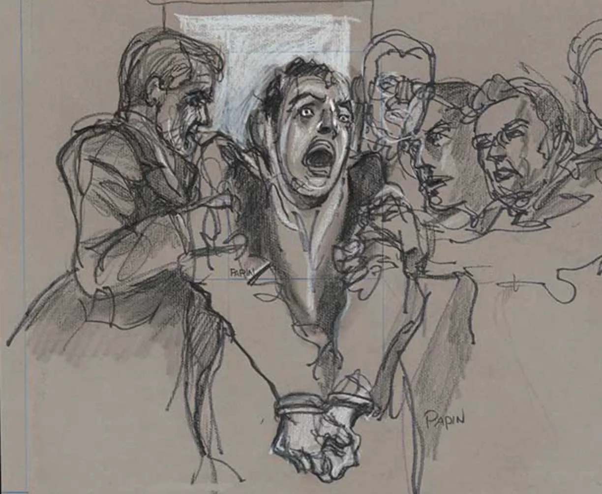 Joseph Papin. [David Berkowitz screams obscenities as guards struggle to drag him from courtroom], May 22, 1978. Porous point pen, blue ink, and opaque white on gray paper. Published on front cover of New York Daily News, May 23, 1978. Prints and Photographs Division, Library of Congress (027.00.00)
 LC-DIG-ppmsca-51598
 Gift of Jane Papin