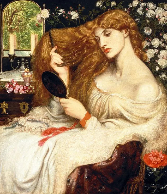 Young woman with long red hair sitting on a chair, surrounded by white roses. She is wearing a white tunic and combing her hair with the right hand, while holding a mirror with the left.