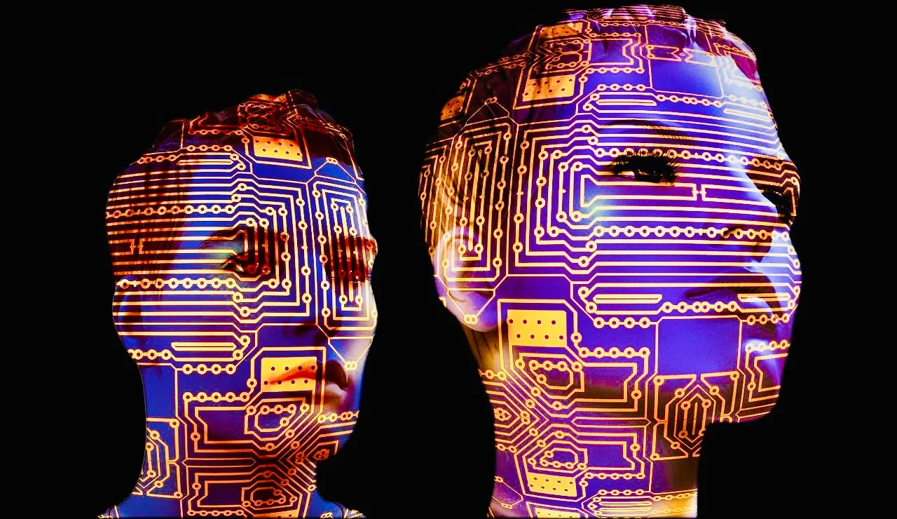 Male and female faces glow with purple and golden images