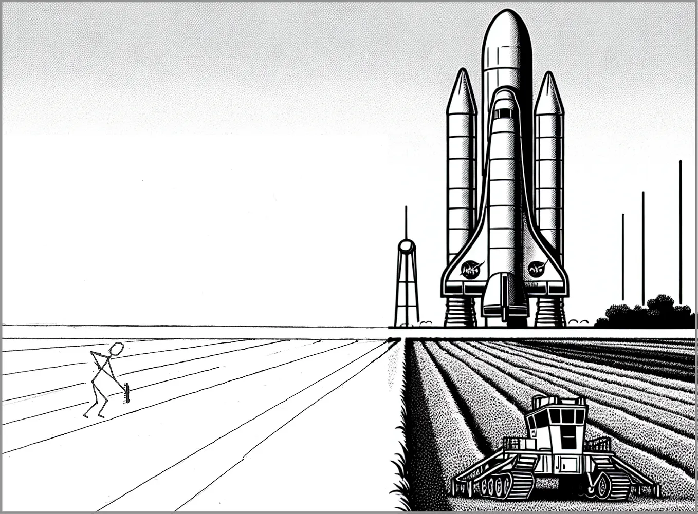 First-person perspective with the horizon line in the background. On the left, a man works in the field with a rake. On the right, a NASA space shuttle rocket stands in the distance on a takeoff pad with two nuclear power cooling towers.