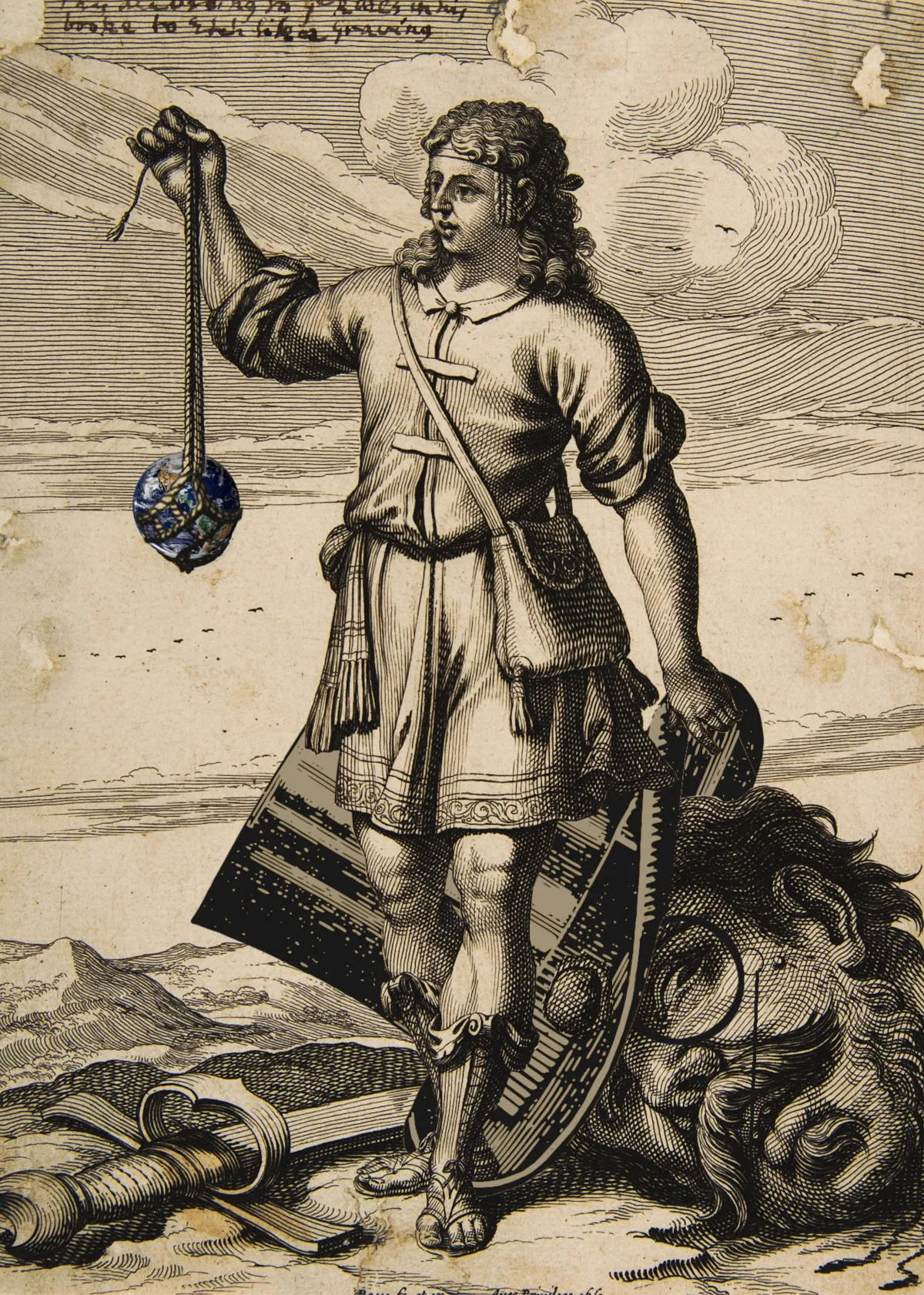 Abraham Bosse’s 17th century etching of David with a defeated Goliath. In the original, David marvels at his sling while standing astride the giant head of Goliath, which has been severed and sports a notable forehead-dent. The image has been modified, replacing the rock in David’s sling with the Earth, and adding a monocle and top-hat to Goliath’s severed head.