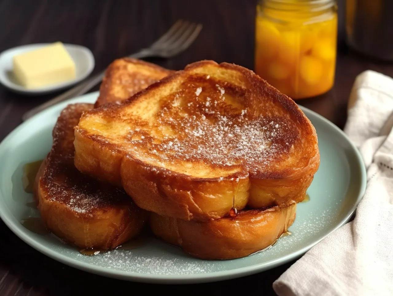A picture of French toast on a plate covered in syrup and powdered sugar.