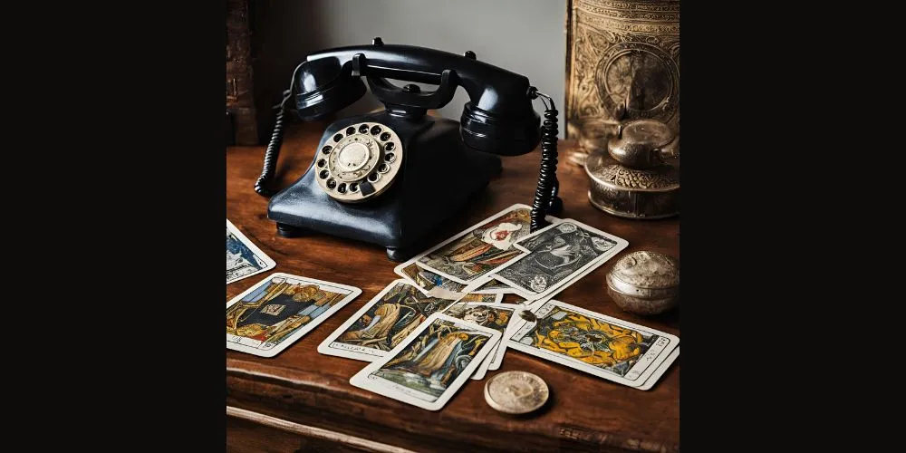 old-fashioned telephone on a table with tarot cards