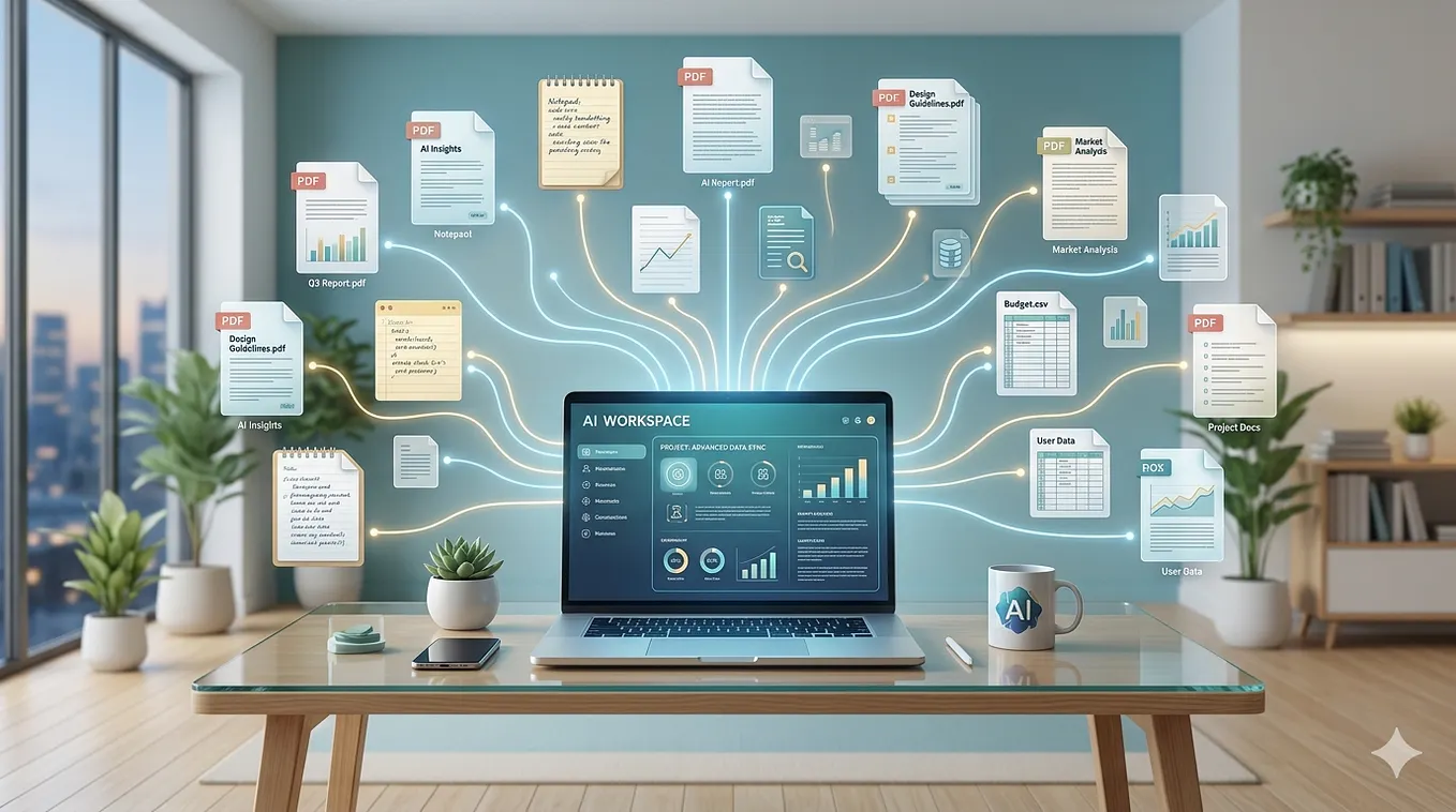 A computer sitting on a clean desk, surrounded by a cloud of documents of different types; Word, pdf, sheets, graphs.