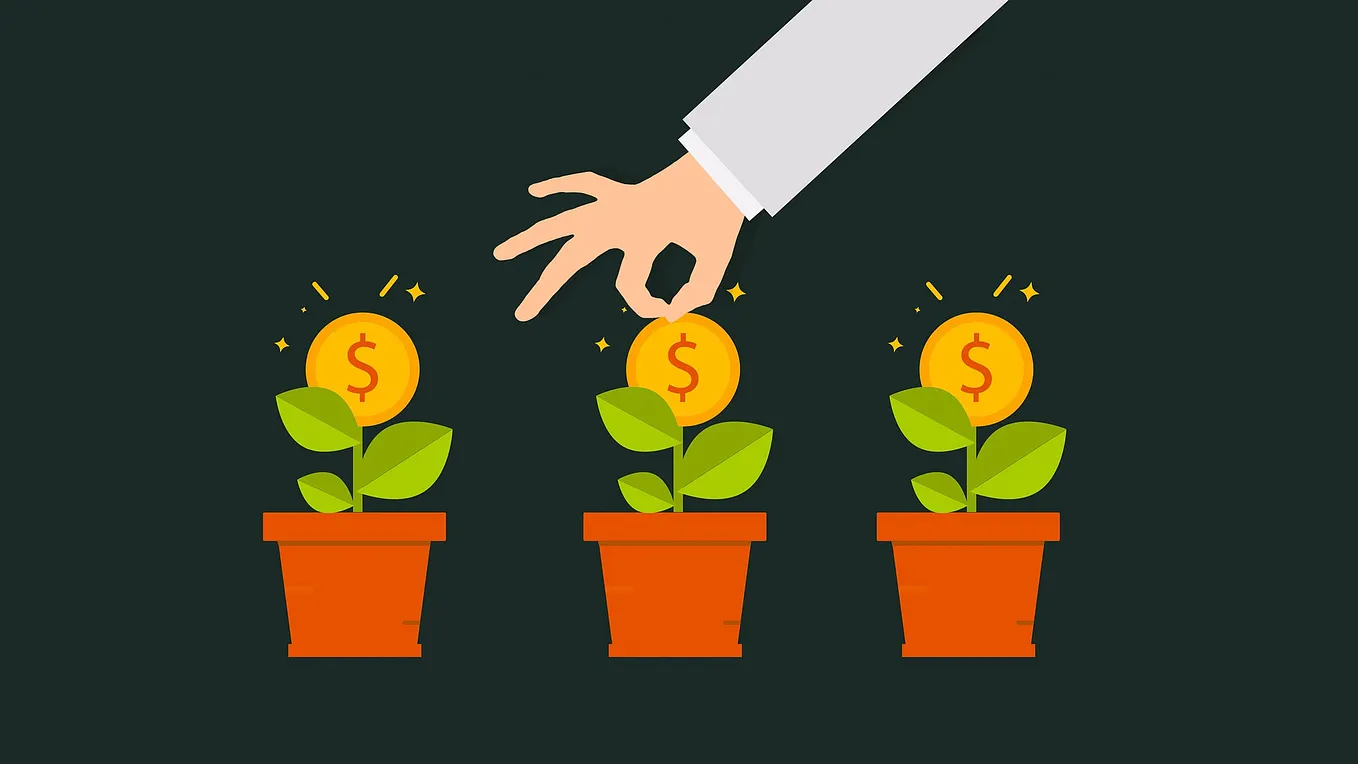 illustration of money growing in three plant pots with a hand picking some money from the middle pot