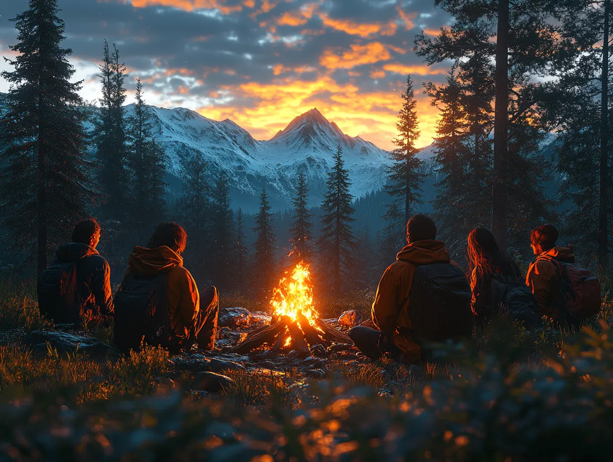A cozy campfire scene with friends gathered around, sharing stories and laughter. photorealistic