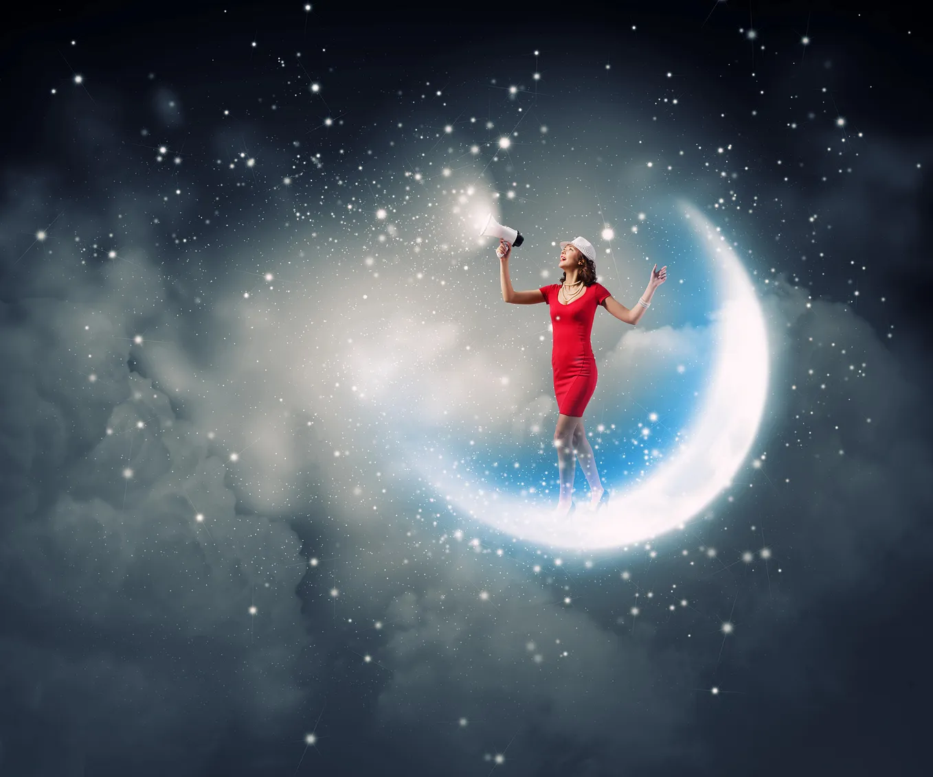 Woman in red dress stands in crescent moon, in stars