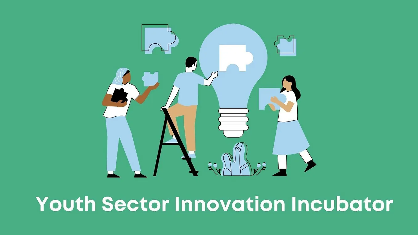 A graphic of three people putting puzzle pieces into a lightbulb, with the words ‘Youth Sector Innovation Incubator’ at the base of the image