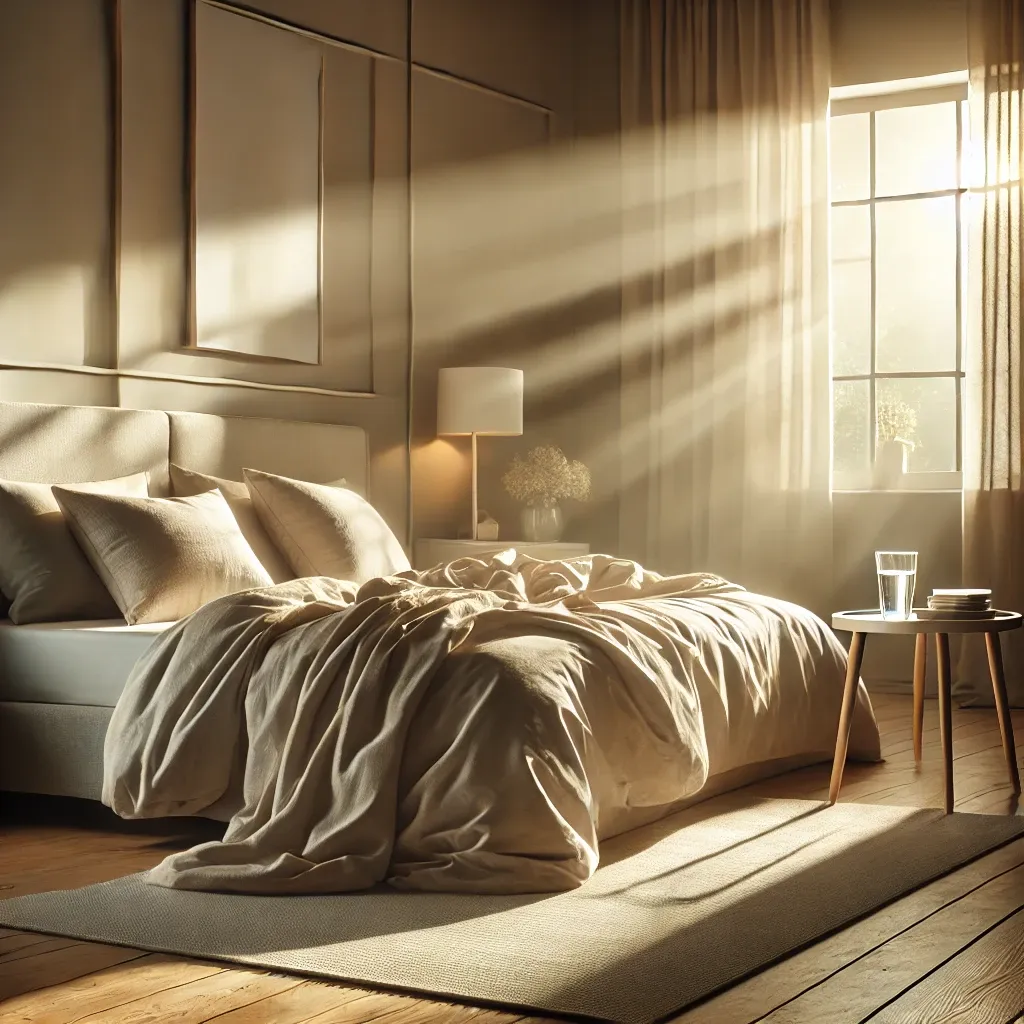 A serene bedroom bathed in morning sunlight, featuring a neatly made bed with soft, neutral bedding. A small glass of water sits on a simple bedside table, capturing the sunlight. The room exudes calmness and order with wooden floors and slightly billowing curtains.