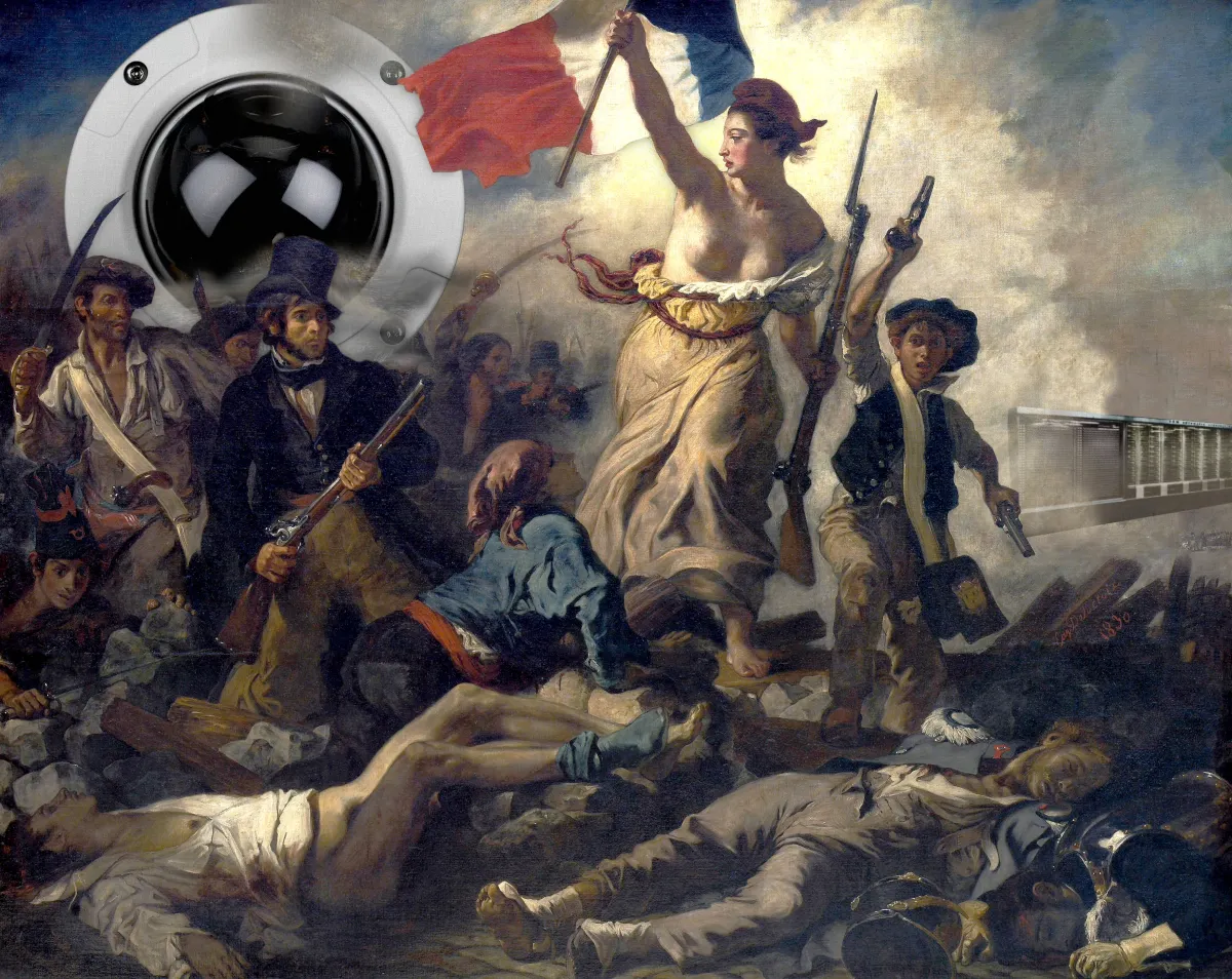 “Eugène Delacroix’s painting ‘La Liberté guidant le peuple’ (‘Liberty Leading the People’), depicting the French revolution as a ragtag group of peasants led by a flag-waving, bare-breasted incarnation of ‘Liberty.’ The painting has been altered: the scene is now being observed with a giant, smoke-shrouded CCTV dome, and the distant building have been replaced with a mainframe computer.