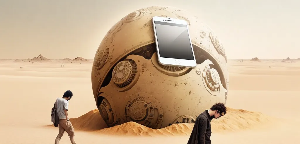 People with mobile in the background, walking on Tatooine sand