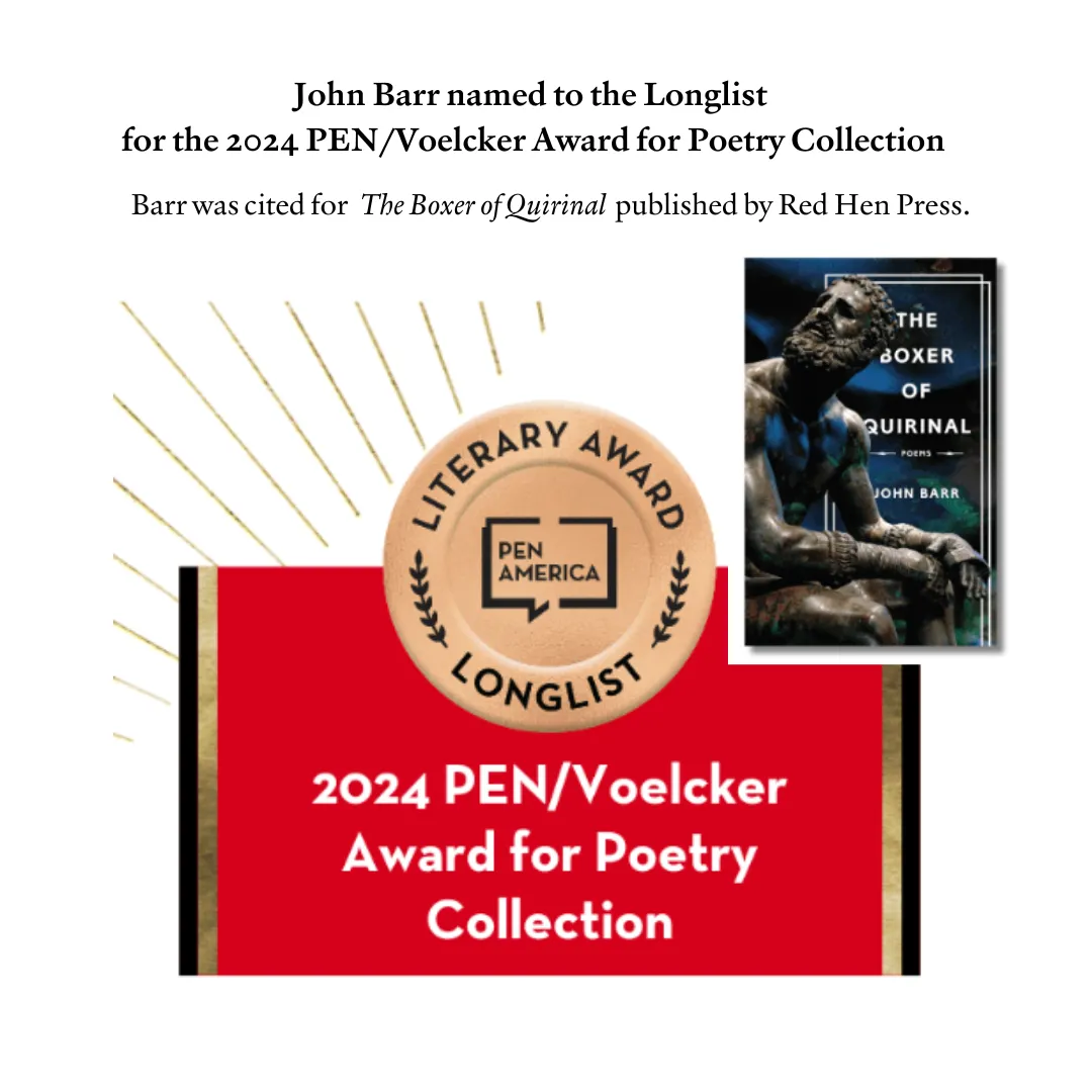 John Barr named to the Longlist for the 2024 PEN/Voelcker Award for Poetry Collection