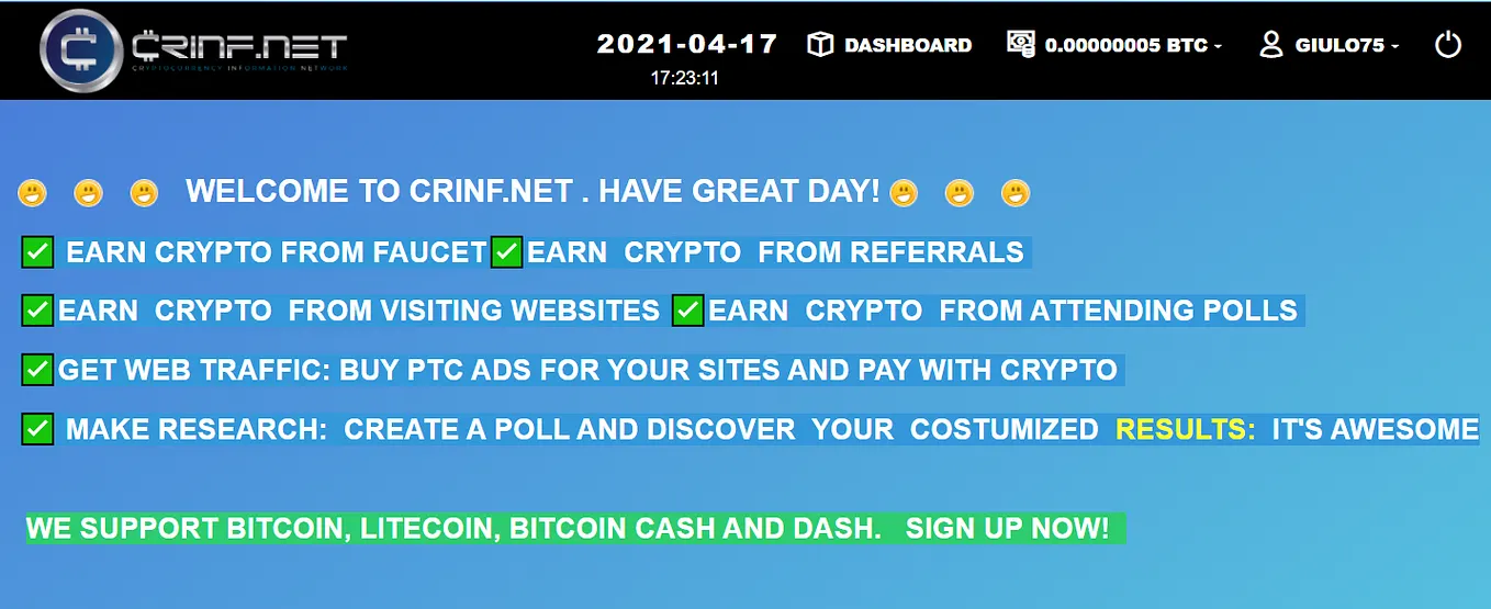 How to make money with Bitcoins: Crinf Faucet