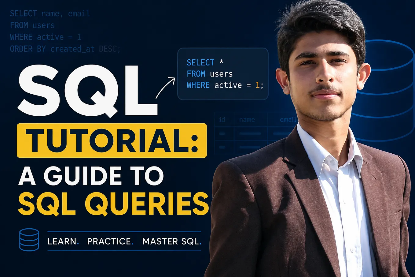 A professional SQL tutorial thumbnail featuring a young man in a blazer alongside database graphics and SQL code, with bold text reading “SQL Tutorial: A Guide to SQL Queries.