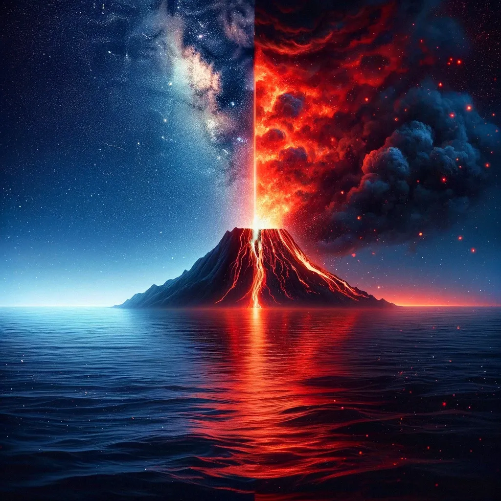 It features a conceptual split scene with a deep, serene ocean under a starry sky on one side, symbolizing love, and a fiery, intense volcano erupting on the other side, representing lust. This visual contrasts the stability and depth of love with the explosive, transient nature of lust