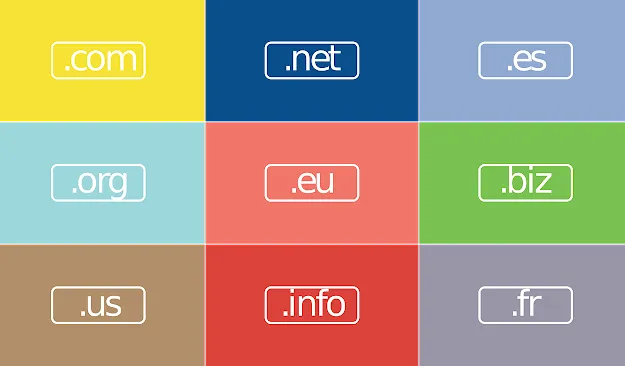 Colorful mosaic featuring top-level domain names like .net, .eu, and .info.