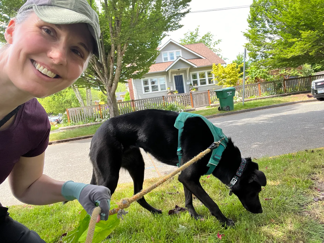 Picture of author with a dog on a walk.