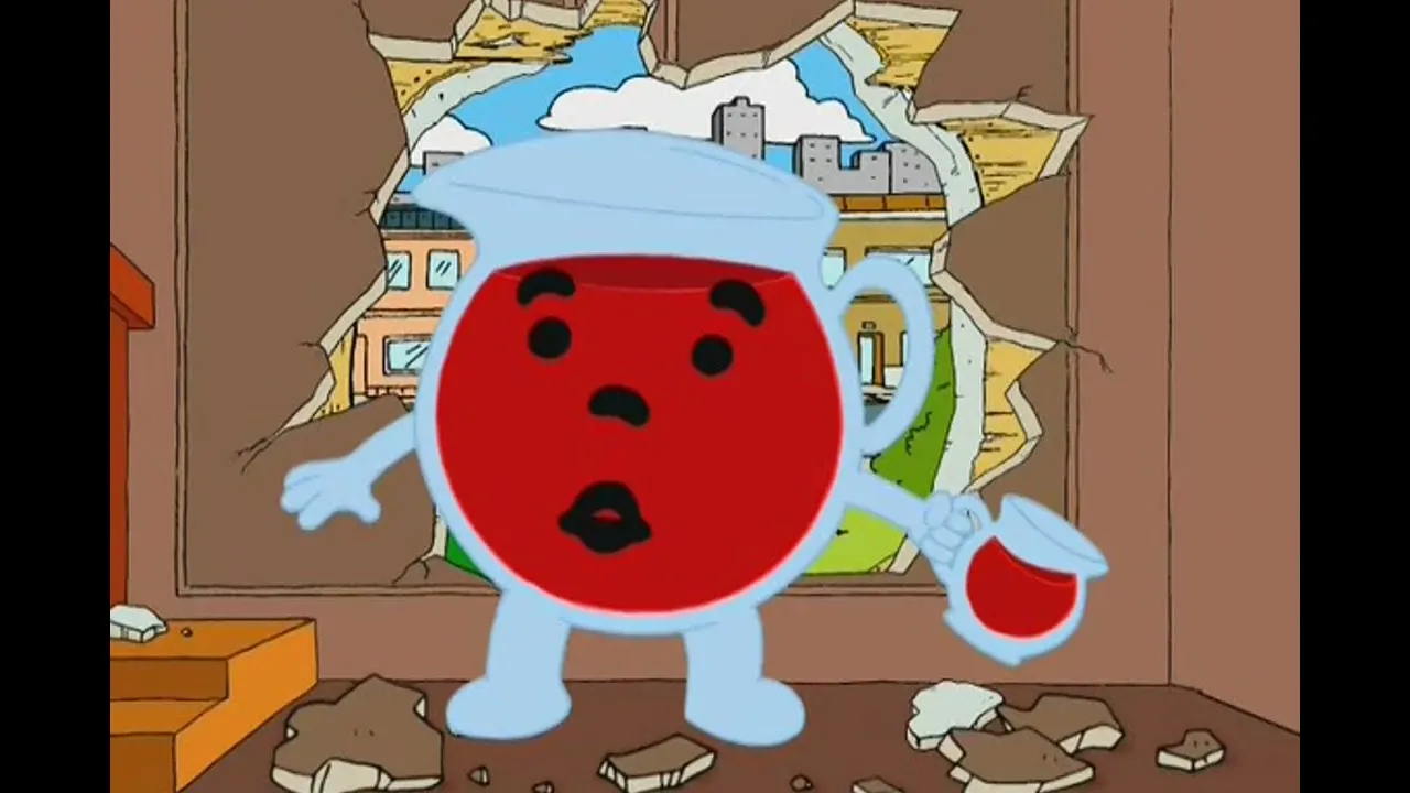 Kool-aid man from Family Guy busting through the wall