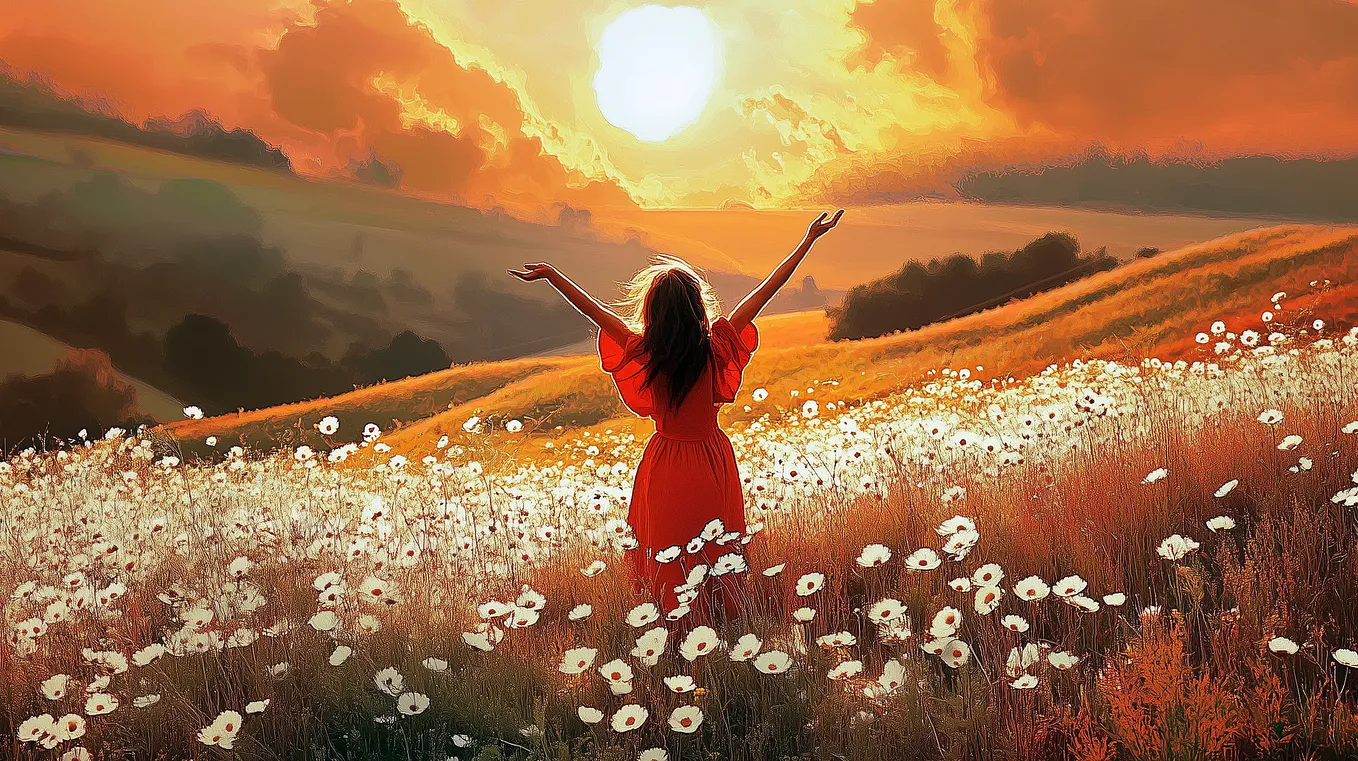 A woman in a red dress stands in a meadow filled with white flowers, arms spread wide, looking toward a vibrant sunset as it casts a golden glow across the rolling hills and clouds.