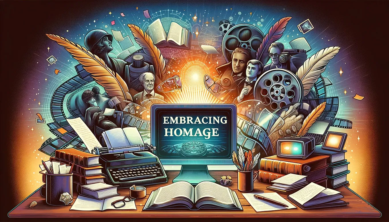 A wide banner illustration for a Medium article about embracing homage in creative writing. The illustration features a blend of classical and modern storytelling elements, with a backdrop of iconic literature and film symbols like an open book, a quill, a movie reel, and a futuristic hologram. In the foreground, an author’s desk with scattered notes, a typewriter, and a computer symbolizes the fusion of past and present in the creative process. Warm, inviting colors convey inspiration and creat