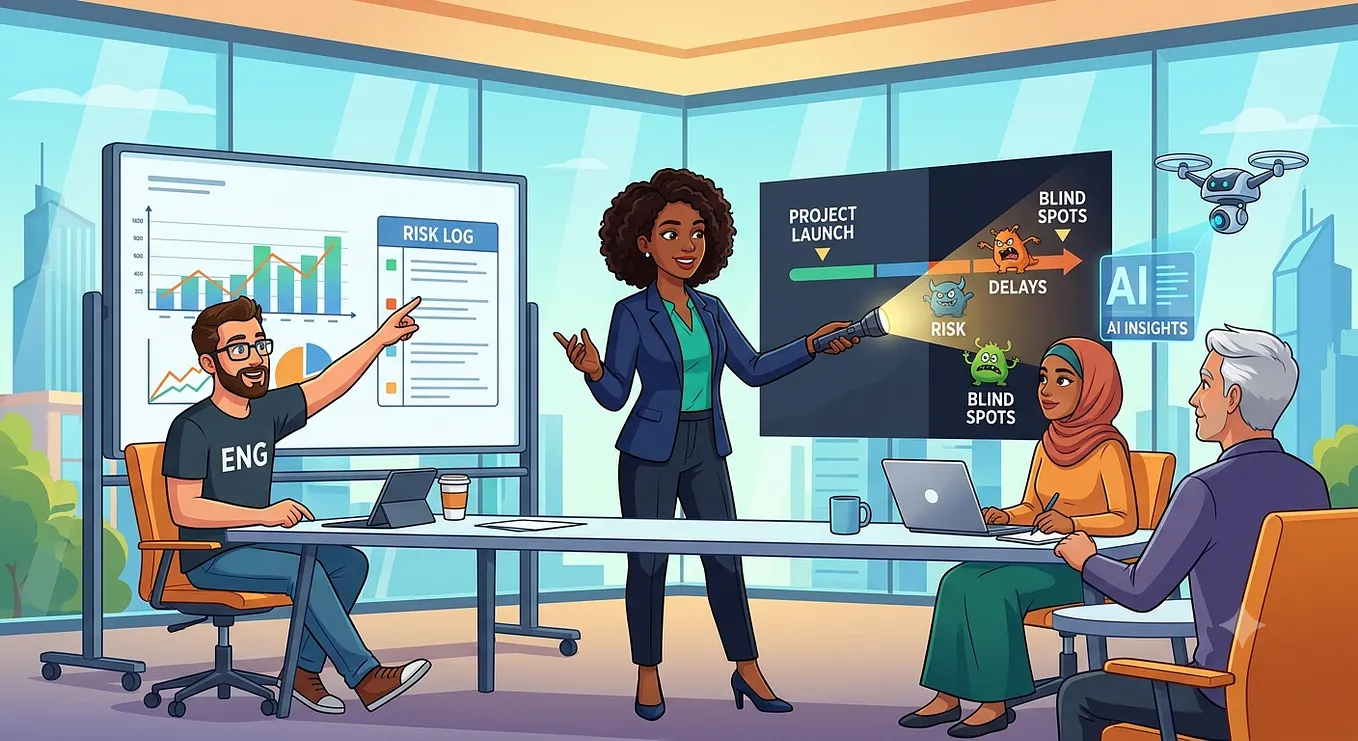 A cartoon of a tech team in a conference room. At the center, a Project Manager confidently holds a flashlight, illuminating hidden risk monsters, blind spots, and project delays on a digital timeline monitor. To her left, a engineer points to a large whiteboard displaying a detailed Risk Log and project health graphs. An AI drone hovers nearby, displaying insights, while a team collaborates around a table.