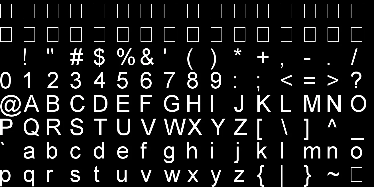 An image with all ASCII characters in white on a black background.