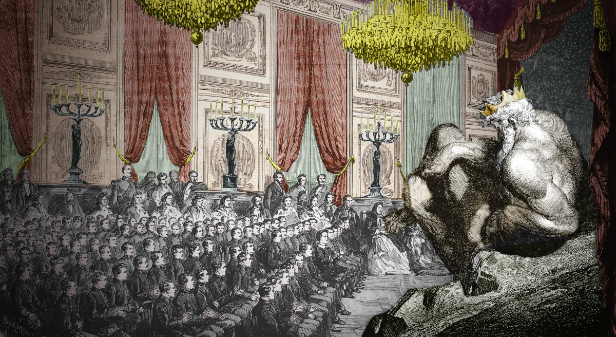 A gigantic king, crowned and naked, sits on a lavishly curtained stage in a 19th century ballroom, before many ranked men and women dressed as gentry.