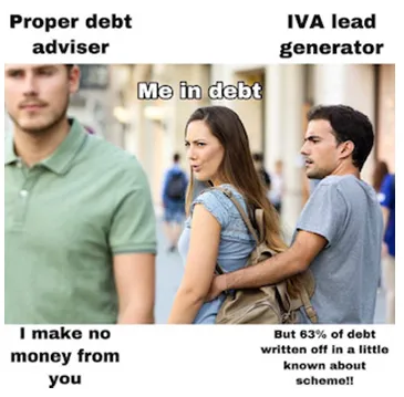 A meme illustrating the way that those with money to make from people in debt try to control the narrative on potential solutions by steering them away from those that have no competing interests, other than to help the person in debt.