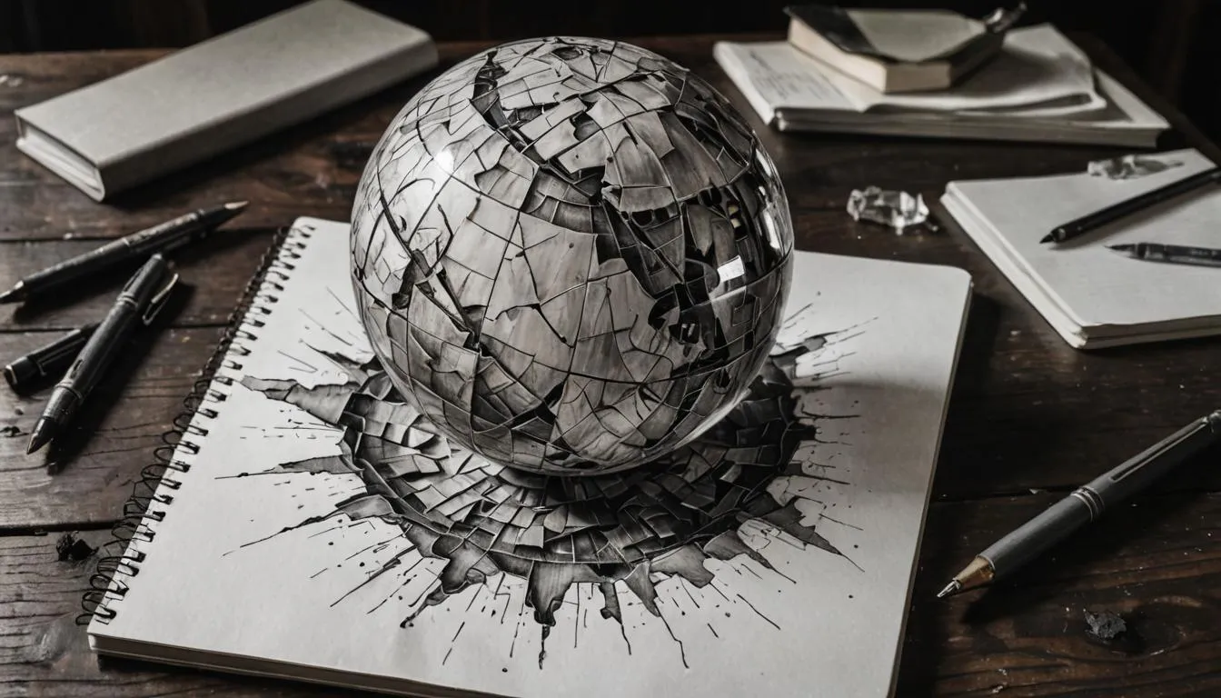 Image shows a shattered glass globe on a notebook with the shattered patterned drawn as a stain on the white paper.
