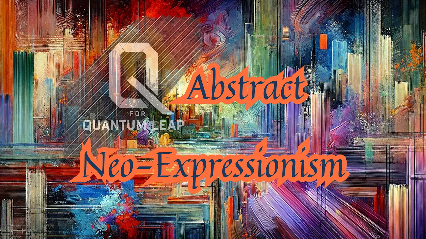 Dynamic image titled ‘Abstract Neo-Expressionism’ with a vibrant, layered composition of bold brushstrokes in vivid hues of red, blue, purple, and orange, illustrating the depth and energy of neo-expressionism. The ‘Q for Quantum Leap’ logo is embedded on the left side, complementing the visual flow. The title text appears in striking orange, accentuating the theme. This artwork captures the intensity and emotion of abstract neo-expressionism, with intricate textures and energetic forms.