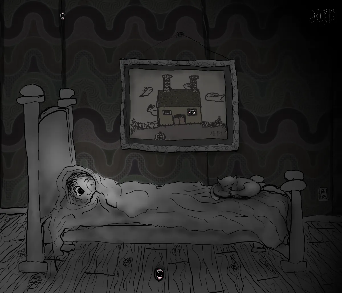 Inconspicuous Observers is an illustration of a dark bedroom with a figure bunched up under the blankets. The person has one eye shut and one eye wide open. There is also a cat sleeping on the bed. There is a picture of a spooky house hanging on the wall. There are also three creepy eyes staring — one below the floor, one from a winfow in the house in the picture, and one between the edges of the wallpaper. By Doodleslice 2024