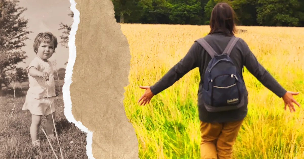 A collage of 2 of photos. One of the author as a toddler in a field. The other is the author as an adult walking through long grass in field.