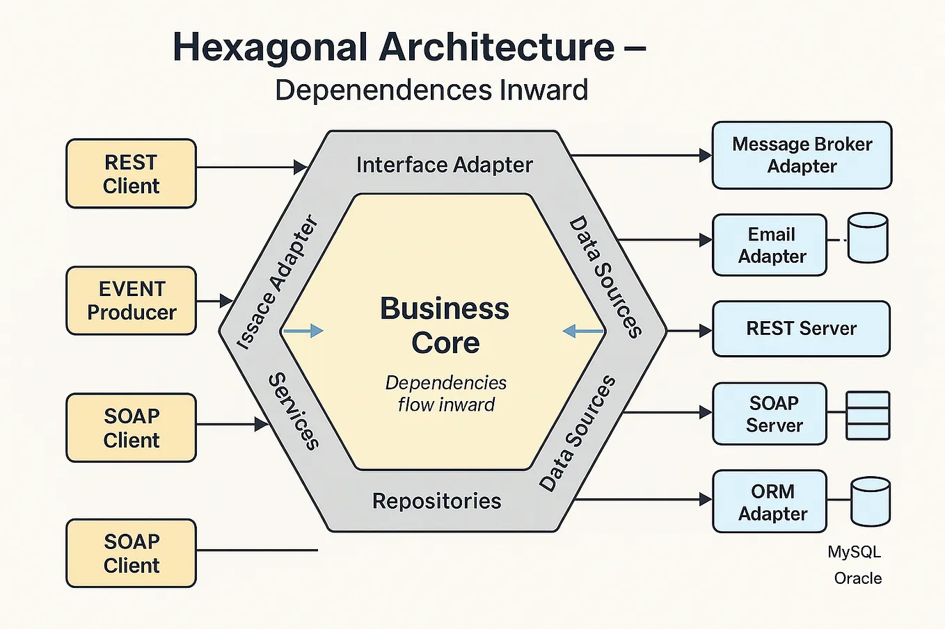 Clean vector diagram of hexagonal architecture showing a central business core with inward arrows from drivers and adapters like REST, Kafka, email, and databases