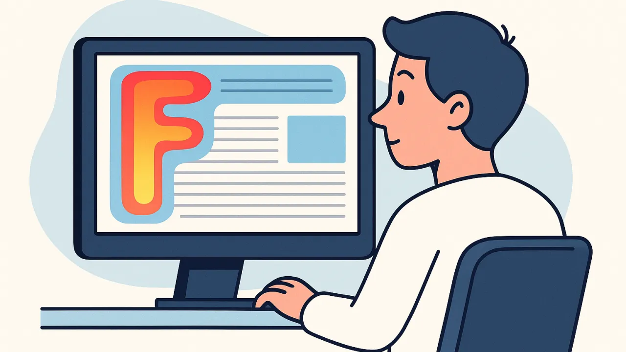 A person is working at a computer displaying a stylized letter “F” and text next to it.