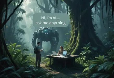 A picture of two people, writers, in the middle of a jungle with two computers. An image of offering to help.