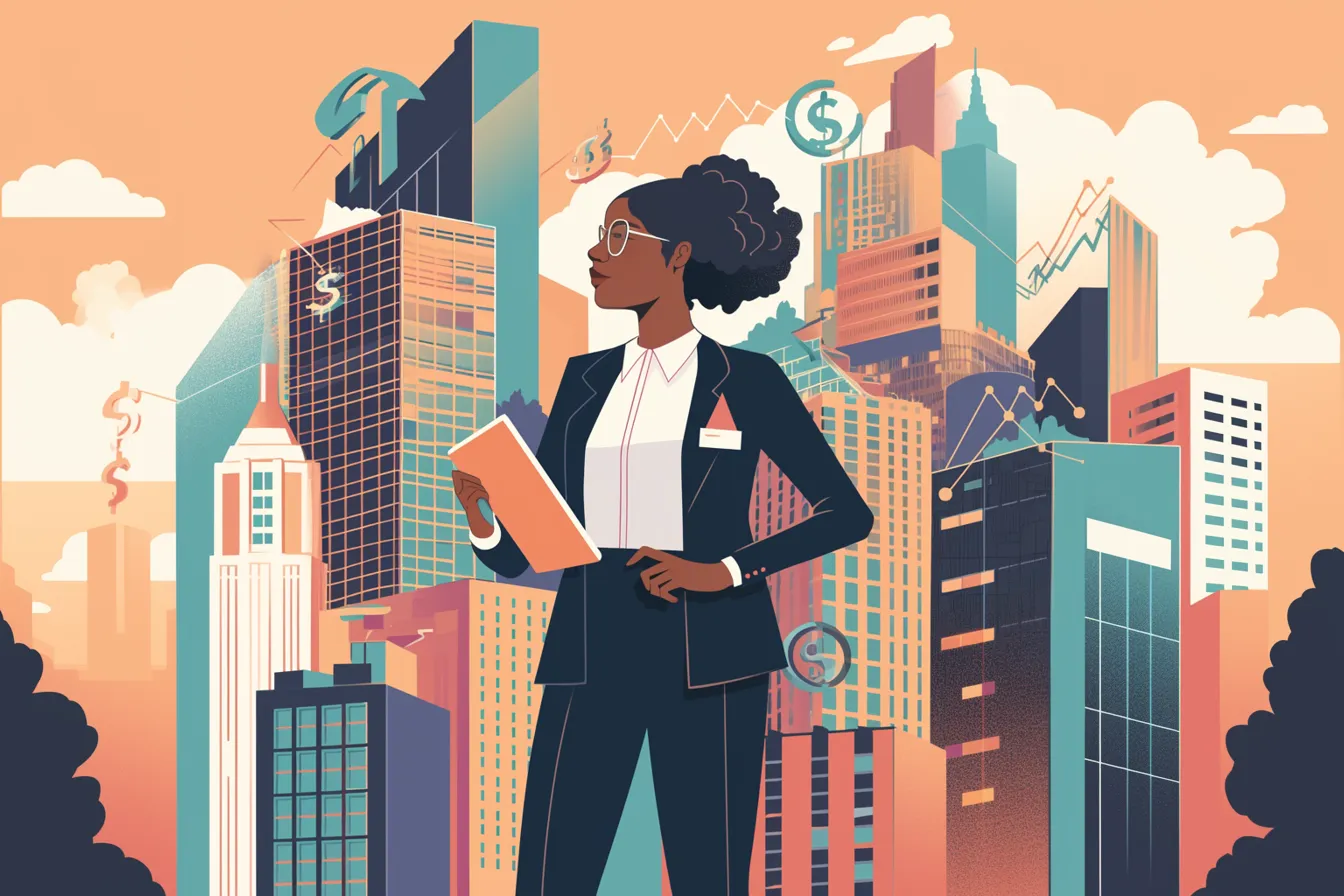 A confident Black woman stands in front of a vibrant city skyline with modern skyscrapers. She wears professional attire, including a tailored suit and glasses, holding a notebook or tablet in one hand, symbolizing financial preparedness and ambition. Surrounding her are financial symbols, such as dollar signs and upward-trending charts, representing wealth growth and economic awareness. The background is a warm gradient with soft clouds, giving a dynamic yet approachable feel to the image. This