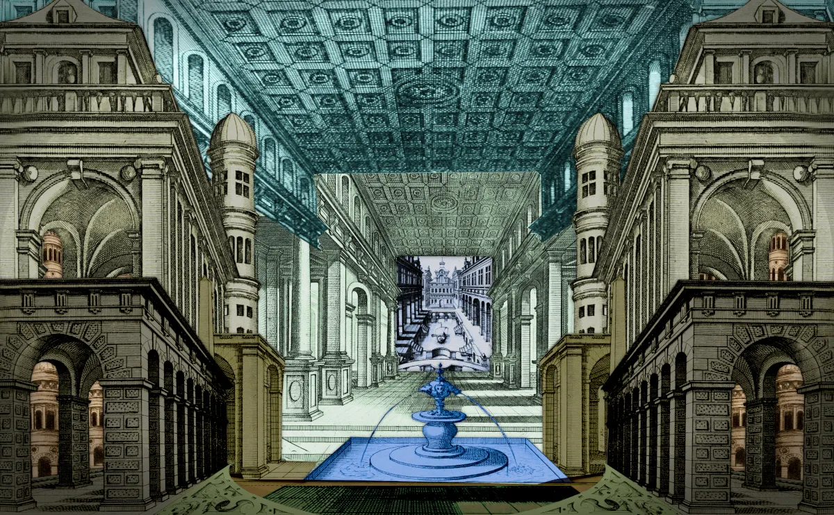 A collage made of architectural features from ‘Variae Architecturae Formae’ (1636), a collection of engravings. The architectural arches, buildings, fountains, etc, are layered atop each other and placed around each other to create an infinite, recombinant built environment.