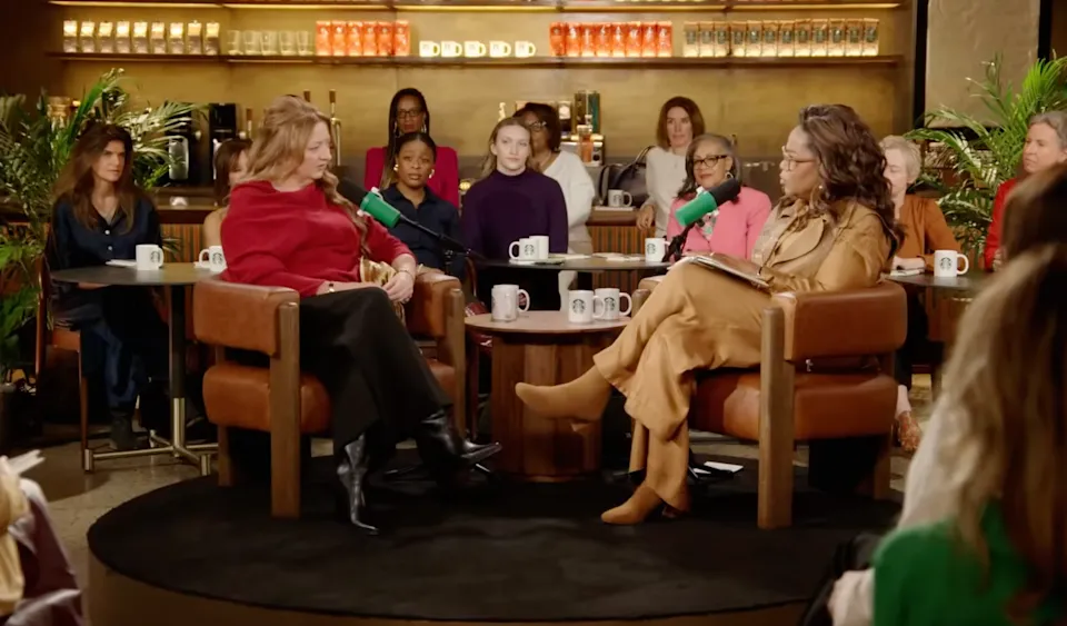 Oprah Winfrey on her podcast with author Claire Keegan