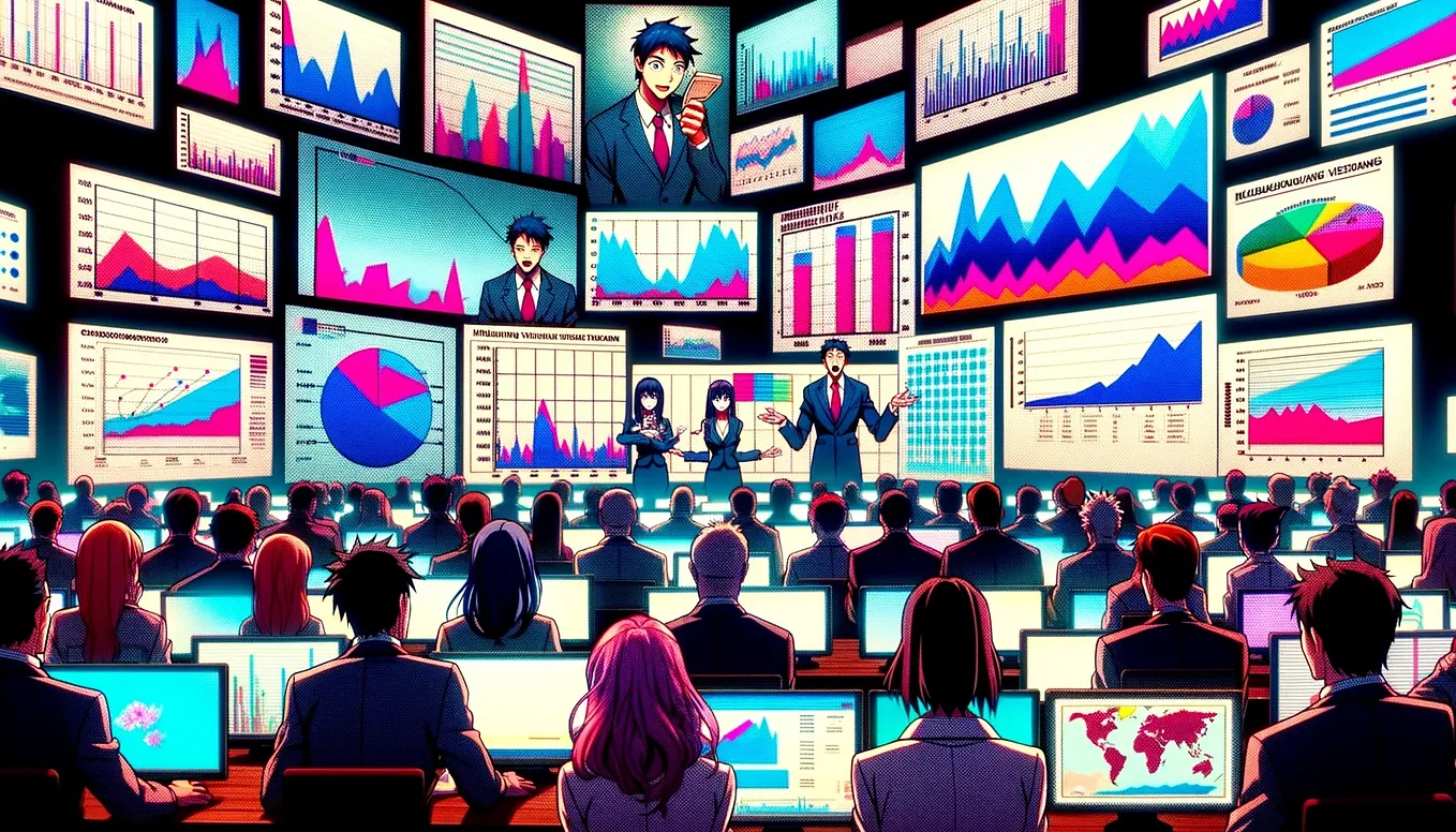 Manga style image showing people watching at multiple screens with data visualizations.