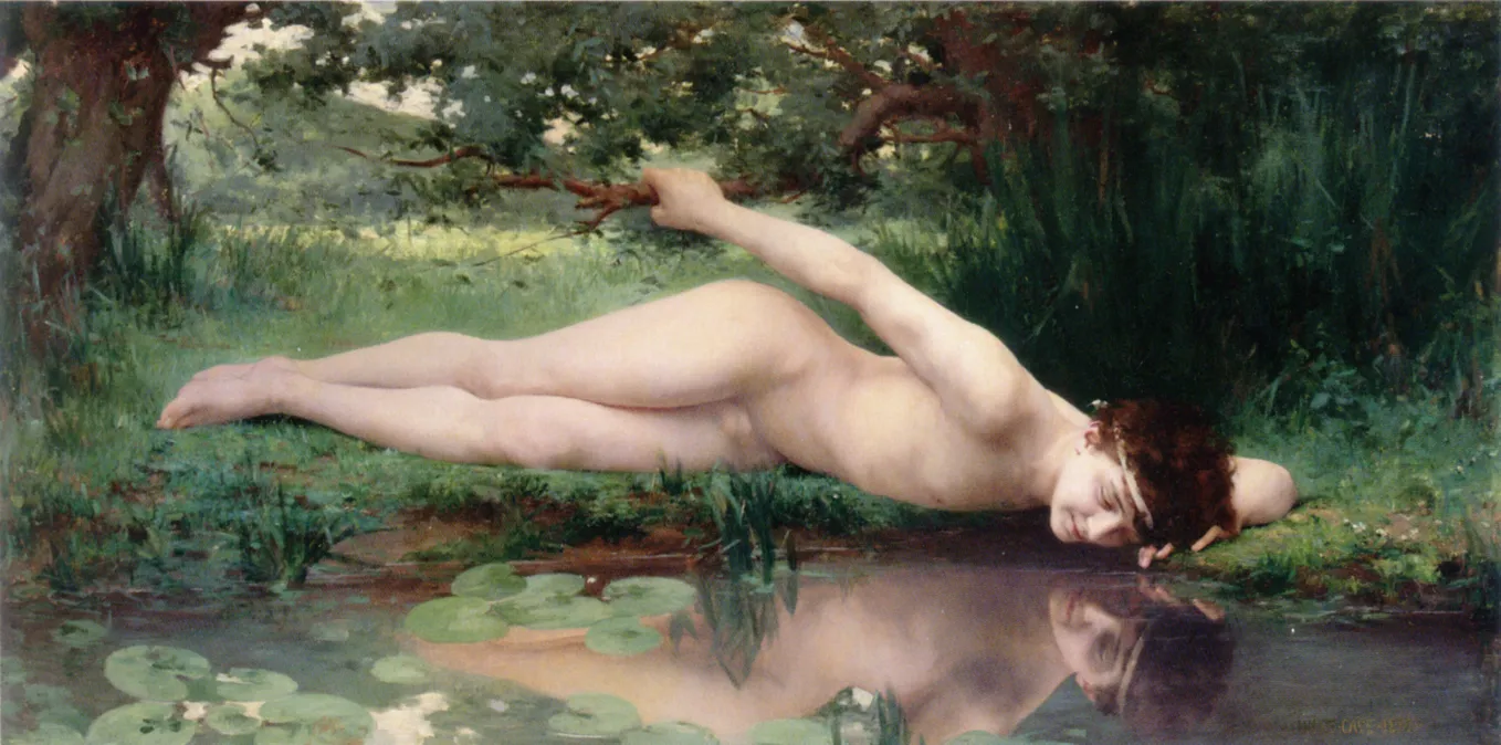 Oil painting: a young man in the nude, hanging onto a tree branch, leaning over a pool with lily pads, peering at his own reflection. (Narcissus)