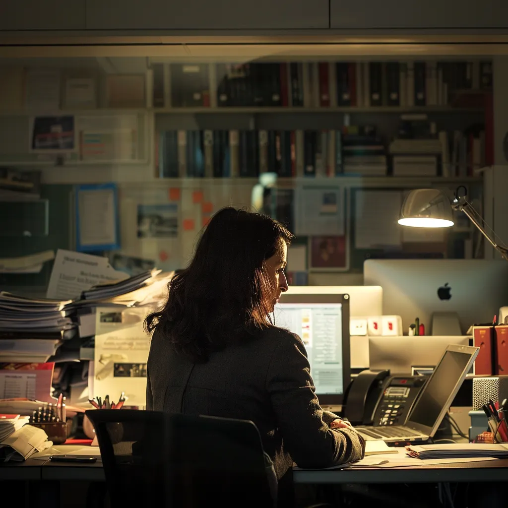 A journalist sitting at her desk working on a story. Generated in Midjourney.