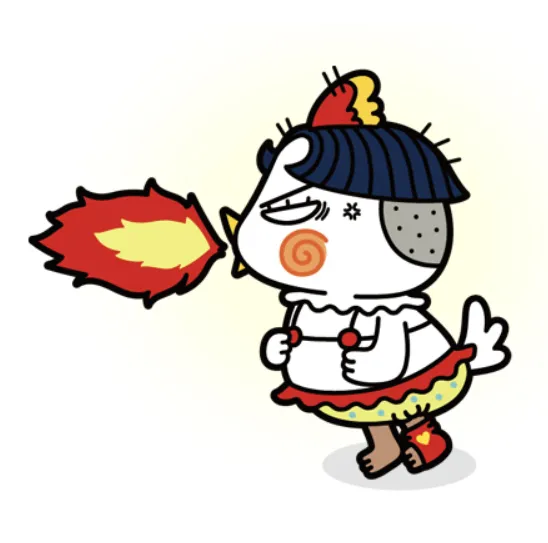 A photo of the Samyang Buldalk Bokkeum Myeon chicken character with flaming breath.