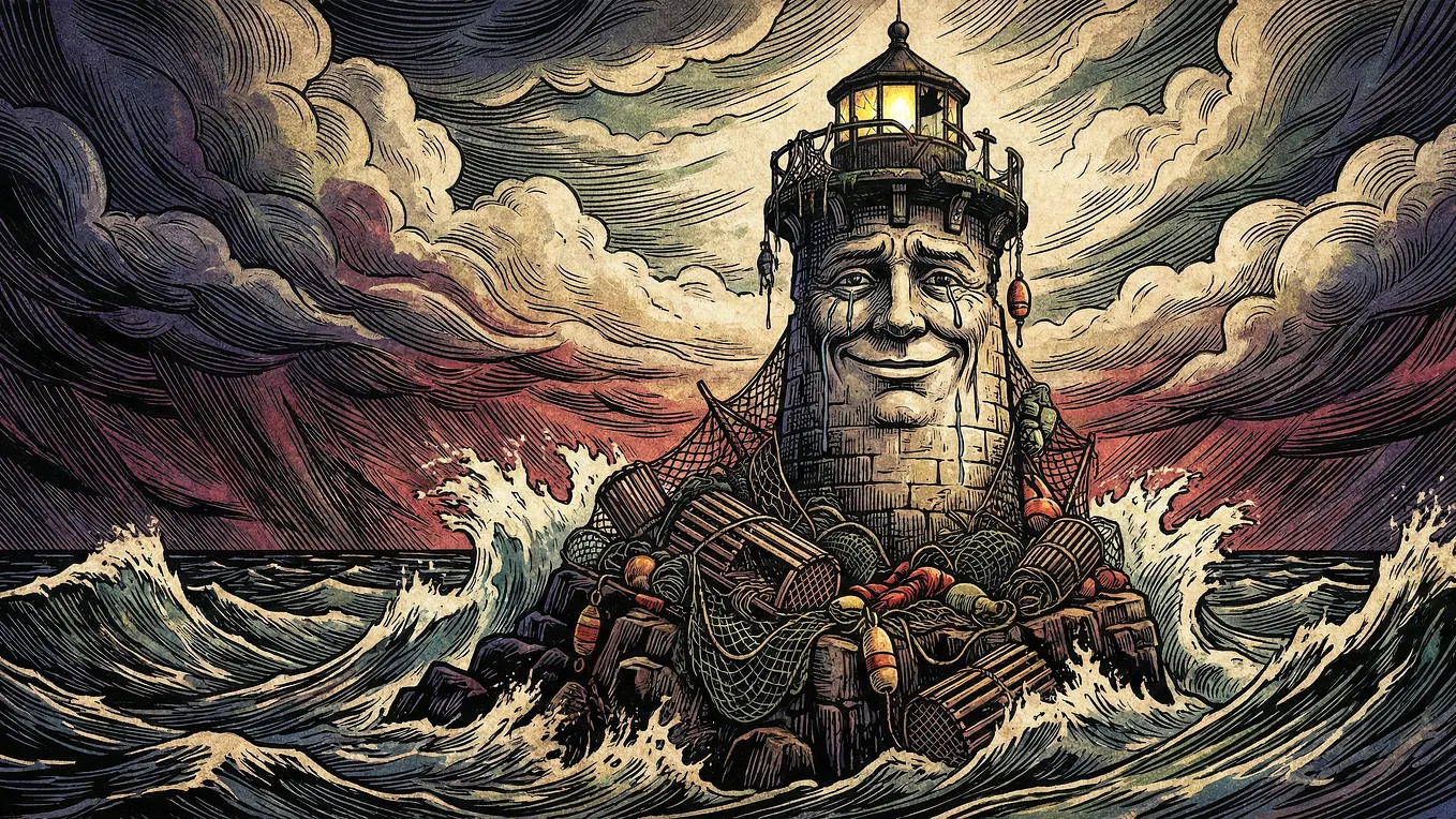 A stylized illustration of a broken lighthouse featuring a human face that is smiling while crying. The structure is draped in tangled fishing nets, lobster traps, and buoys, standing on a rocky outcrop amidst crashing ocean waves under a dramatic, stormy sky.