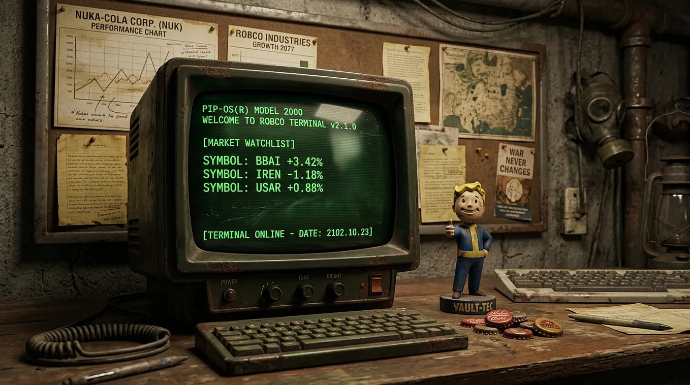 Fallout-themed Pip-Boy terminal displaying BBAI, IREN, and USAR stock tickers on a retro CRT screen with post-apocalyptic props
