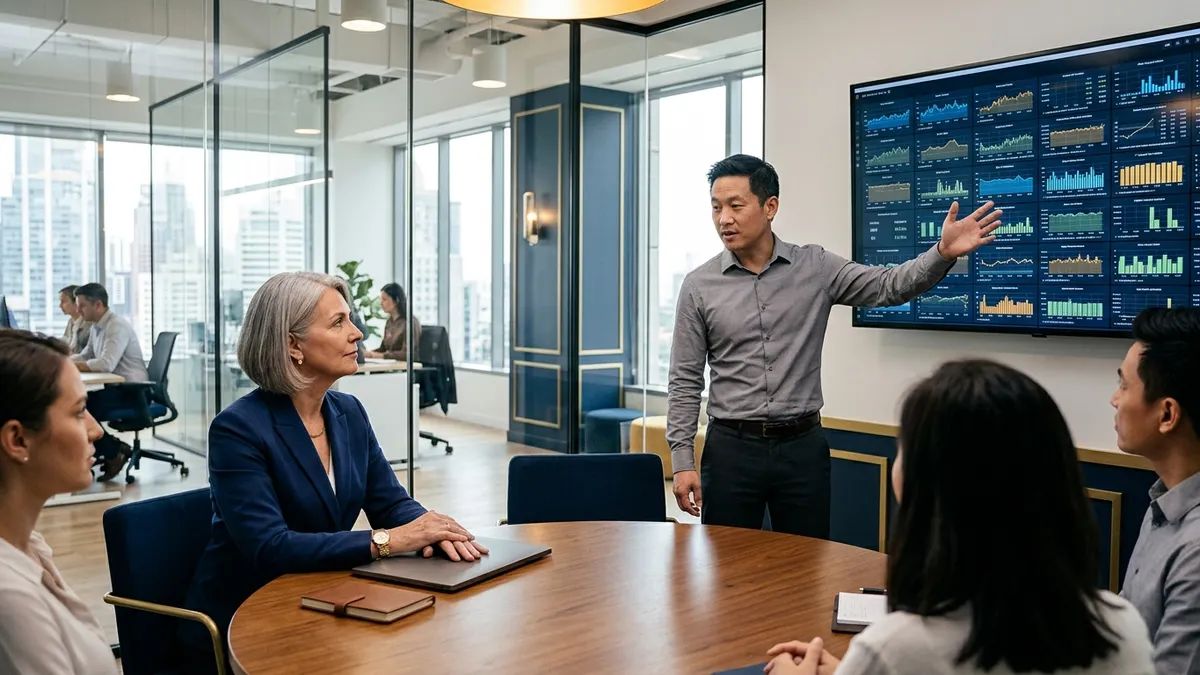 A senior operations leader sits with her laptop closed at a meeting table while a colleague gestures toward a wall screen showing a dense grid of small operational charts and numbers