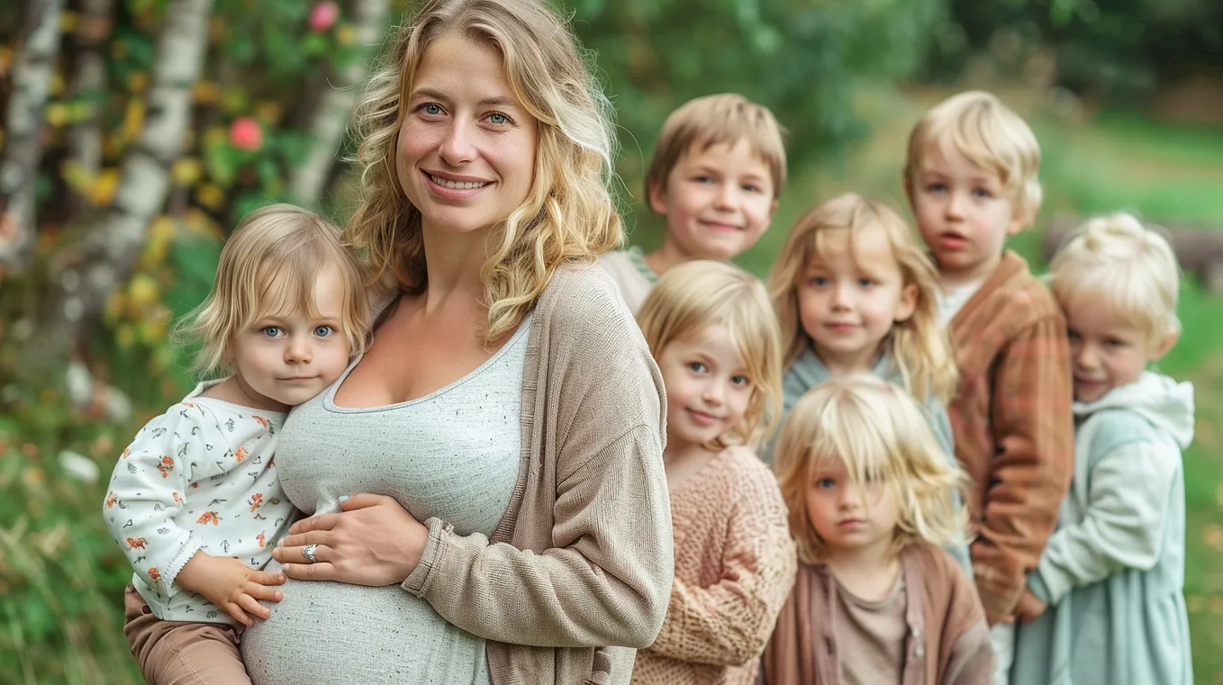 A pregnant blonde white woman in her thirties with a baby in her arm with her 6 blonde kids of different ages lined up next to her in a row. The woman is smiling warmly, and the kids, of various ages and heights, are lined up next of her. They are outdoors, p