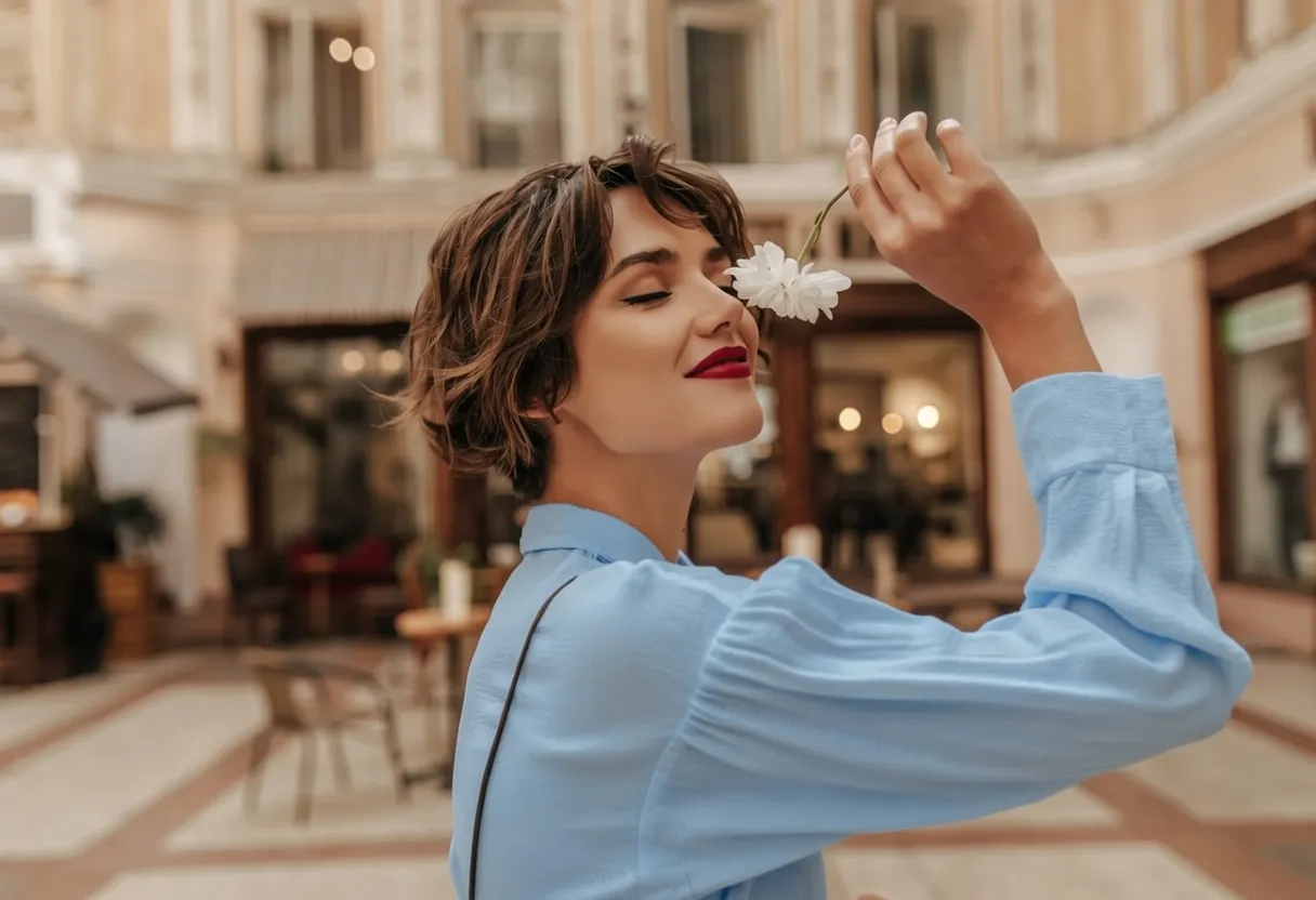 A woman holding a flower.