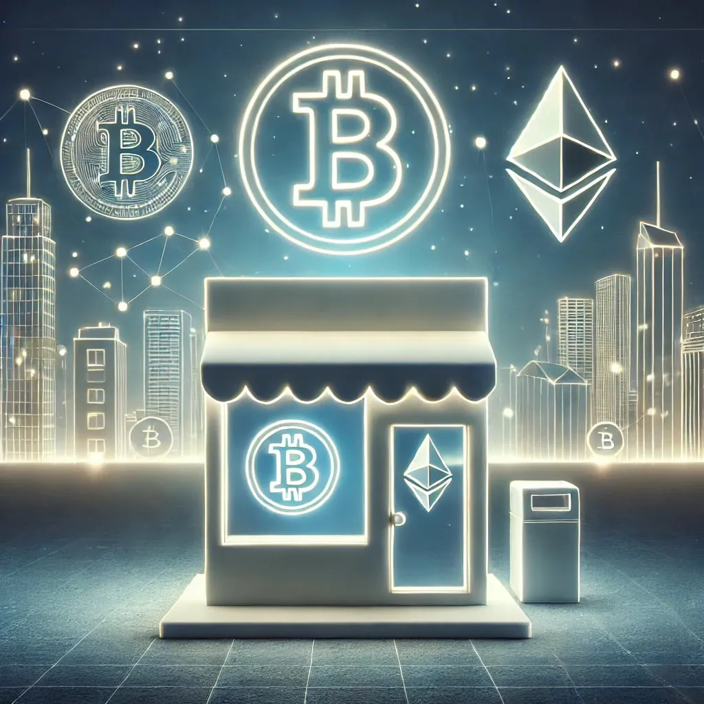 This picture shows how businesses use Cryptocurrency. It features a simple, modern shop front with symbols of digital currency. In the background, there’s a view of a global cityscape.