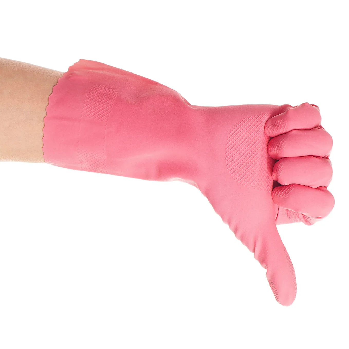 Thumbs down in pink gloves